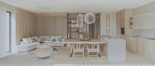 Obývací pokoj s kuchyní - Premium světlá vč. balíčků Truhlářské prvky, Světla, Nábytek a Dekorace