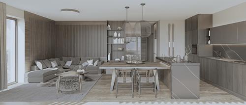 Obývací pokoj s kuchyní - Premium tmavá vč. balíčků Truhlářské prvky, Světla, Nábytek a Dekorace