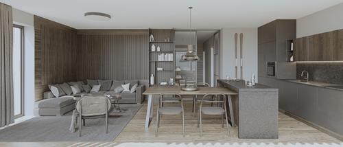 Obývací pokoj s kuchyní - Standard tmavá vč. balíčků Truhlářské prvky, Světla, Nábytek a Dekorace