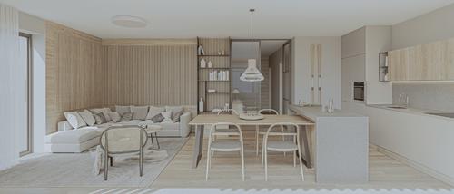 Obývací pokoj s kuchyní - Standard světlá vč. balíčků Truhlářské prvky, Světla, Nábytek a Dekorace